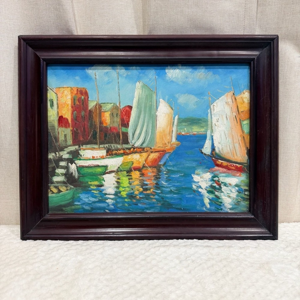 Mid-Century Framed Impressionist Harbor Oil Painting Sailboats and Port